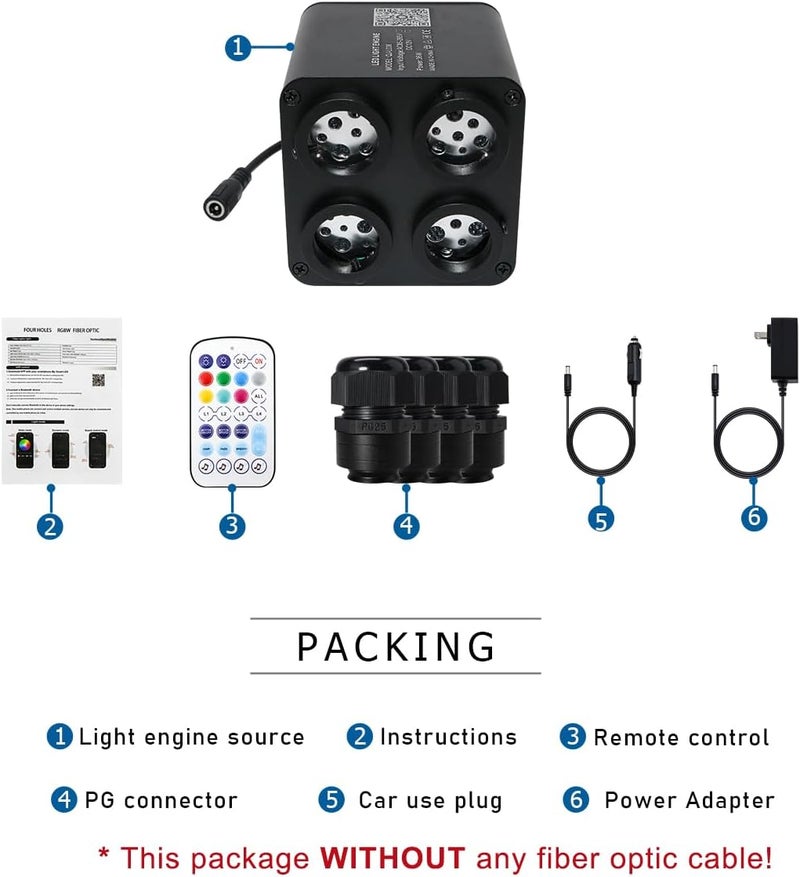 AKEPO 4 Color 36W RGBW Twinkle Fiber Optic Light Source Only, 4 Ports RGBW Twinkle + Music Activated + Bluetooth APP Control + 28-Key Remote Control for Car Home Starlight Headliner - Image 5